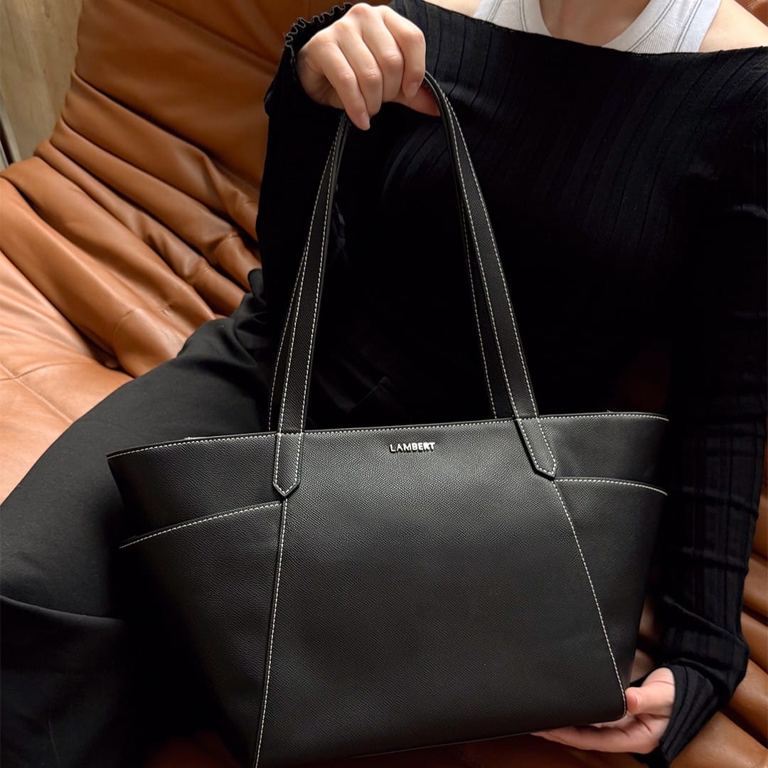 Le Opale - Moyen sac fourre-tout en cuir vegan noir contrasté
