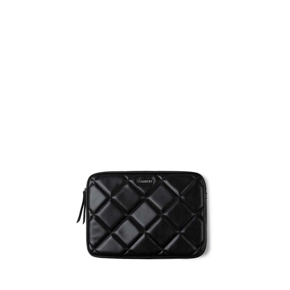 The Juliette - Black Quilted computer pouch in black vegan leather (13 inches)