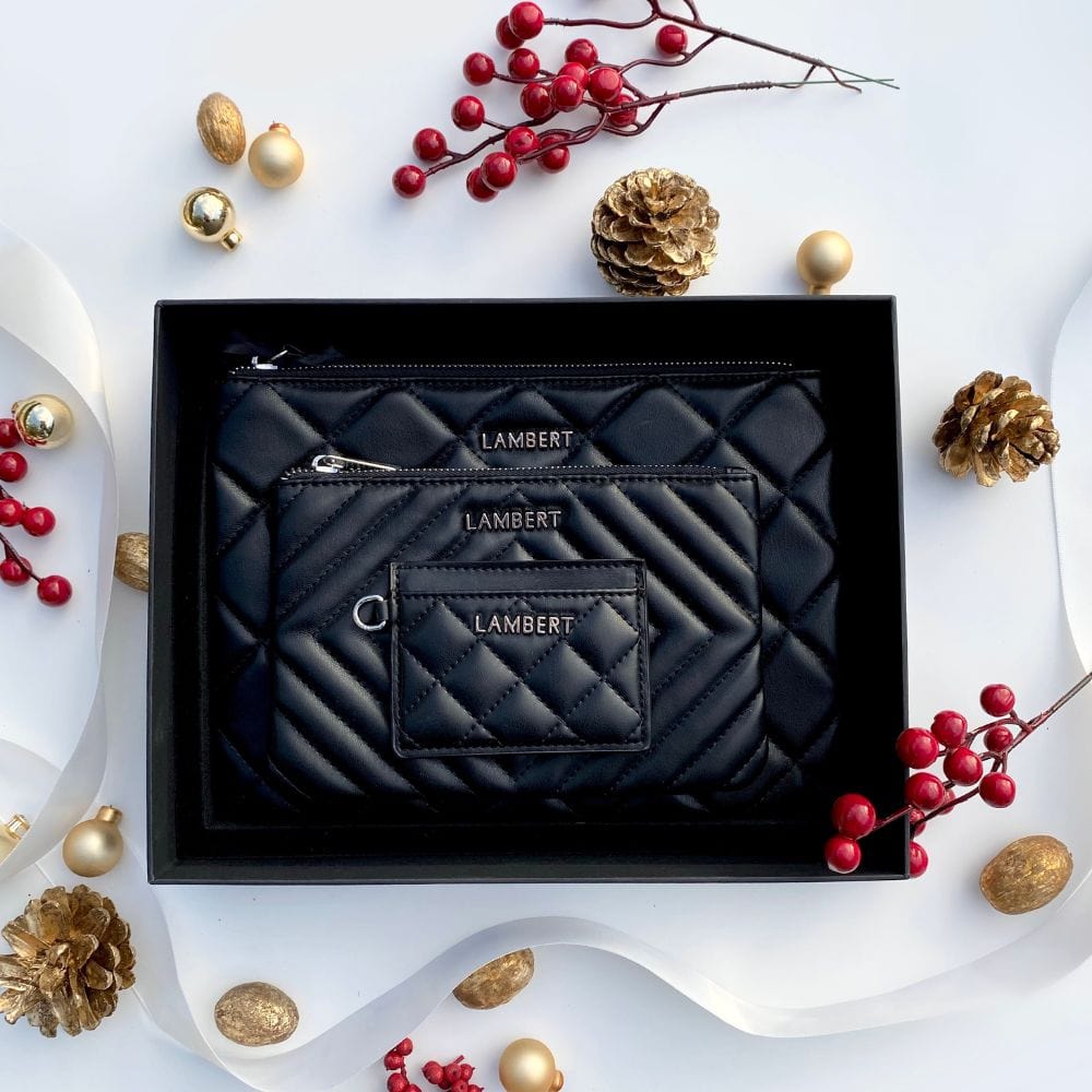 The Elle - Trio of Black Vegan Leather Quilted Pouches 