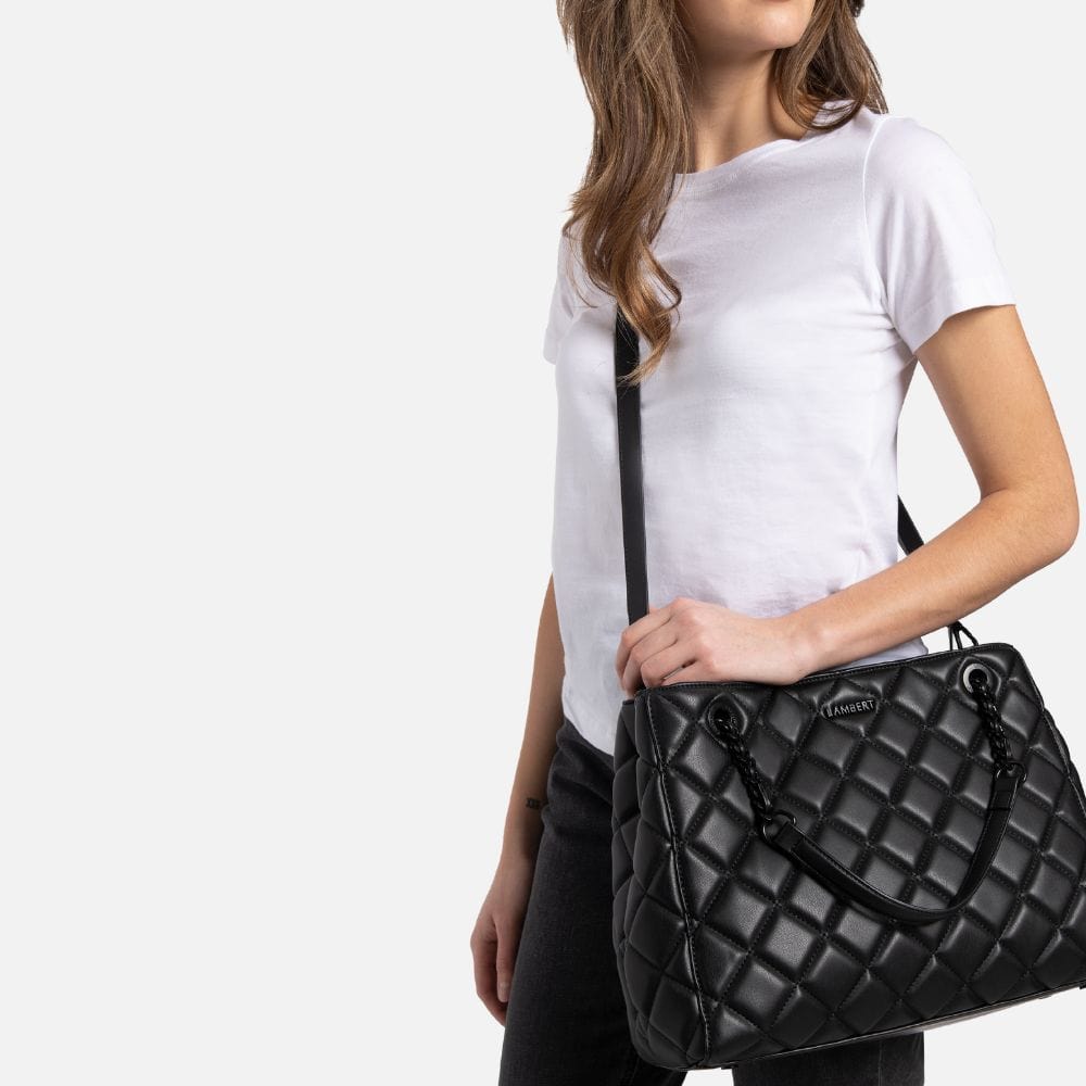 The SELENA - 2-in-1 black vegan leather quilted tote